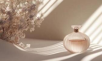 A bottle of perfume is sitting on a table next to a bunch of flowers photo