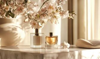 Two perfume bottles are on a table next to a vase of flowers photo