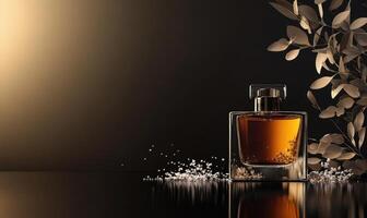 A bottle of perfume is on a table with some salt photo