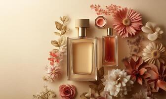 Two perfume bottles are on a table with flowers photo