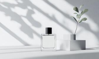 A bottle of cologne is on a table next to a plant photo