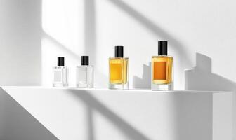 Four bottles of perfume are lined up on a shelf photo