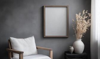 A chair is in front of a wall with a picture frame on it photo