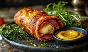 A roll of bacon is on a plate with a bowl of mustard photo
