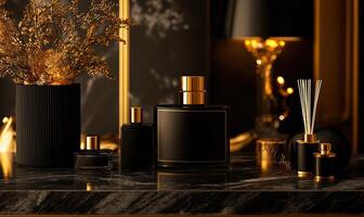 A table with a black vase and several bottles of perfume photo