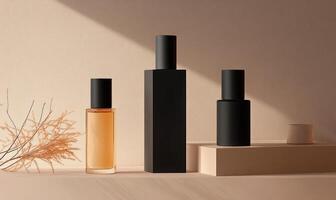 Three bottles of perfume are on a shelf photo
