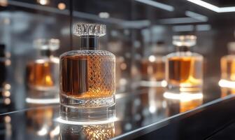 A bottle of perfume is on a shelf with other bottles photo