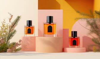 Three bottles of perfume are displayed on a pedestal photo