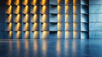 A large wall with many small squares of light shining on it photo