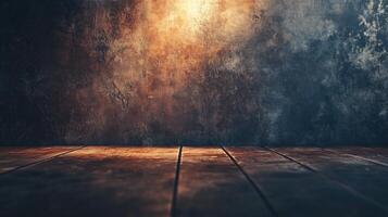 A dark room with a wooden floor and a wall with a lot of cracks photo