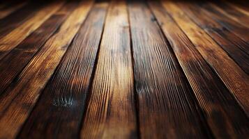 A close-up view of a warm-toned wooden surface, showing distinct planks and natural wood grain patterns with a blurred background. photo