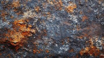 Detailed close-up showcasing textures and patterns on a dark, weathered surface with rust-colored accents and granular details. photo