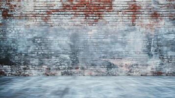 Distressed brick wall with a mix of red and gray bricks, showing signs of aging and wear. The lower part appears weathered. photo