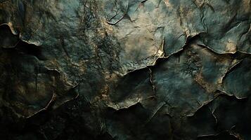 Dark, textured surface with cracks, offering an abstract, earthy feel. The colors are moody with highlights on edges. photo