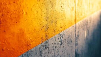 Textured wall, divided diagonally with a color transition from a vibrant yellow-orange to a cool, gray tone, creating an interesting contrast. photo