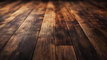 Dark, textured wooden floor with warm tones. The planks run horizontally across the frame, adding depth and a sense of rustic elegance. photo