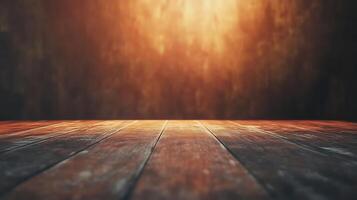 Warm wooden planks create a rustic stage, inviting to display your goods. Abstract background with a hazy amber glow. Vintage, simple. photo