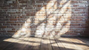 Rustic brick wall and wooden floor, brightened by the warm glow of sunlight streaming through the window, creating a cozy atmosphere. photo