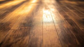 Richly textured wooden floor bathed in soft, warm light, showcasing a smooth, glossy surface and intricate wood grain patterns. photo
