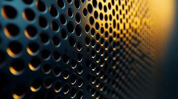 Close-up of a perforated metal surface with round holes, illuminated by warm light creating a pattern of shadows and highlights. photo