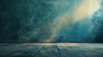 Empty room with a vintage textured wall bathed in light and an old, weathered wooden floor creating a rustic and atmospheric scene. photo
