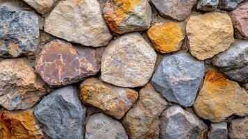 Textured stone wall in varying neutral shades, creating a visually engaging natural pattern ideal for backgrounds and organic designs. photo