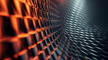 Abstract background with a repeating pattern of metallic geometric shapes, orange light reflections creating a striking contrast photo