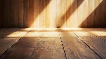 Sunlight streams into a room with wood paneling and a wood floor, creating a play of light and shadow on the natural surfaces. photo