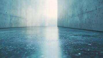 Abstract concrete corridor with a polished floor reflecting light. The scene evokes a sense of modernity and minimalistic architecture. photo