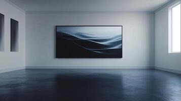 Minimalist gallery space featuring abstract artwork and a polished floor, accented by natural light from a window. photo