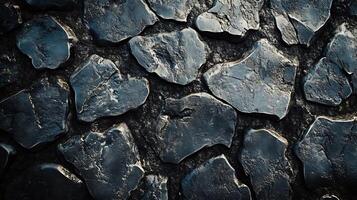 Close-up of dark grey stone pavement showing rough texture and varying shapes, creating a rugged and natural surface pattern. photo