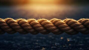 A braided rope, shot at eye-level, is set against a defocused background, with a single light source above it. The light is warm and golden. photo
