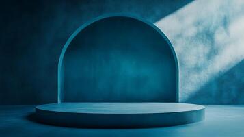 Minimalist teal display with arched backdrop and soft light creates an elegant and modern stage for product presentation. photo