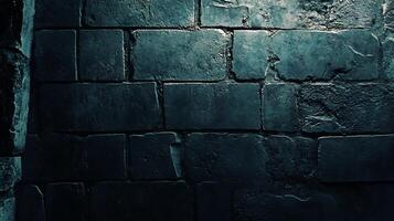 Dark, rough-hewn bricks create a textured wall, dimly lit with deep shadows and hints of age and weathering, giving it an ancient feel. photo