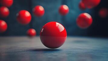 A cluster of red spheres floats in a dark, moody space, creating a minimalist, futuristic aesthetic with intriguing depth and motion. photo