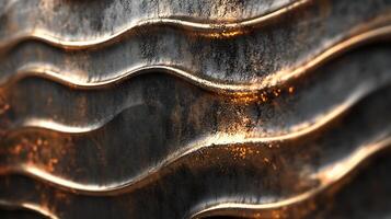 Abstract wavy pattern of distressed metal with golden highlights, creating a textured surface with depth and visual interest. photo