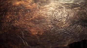 Close-up of a naturally textured, dark brown wooden surface with visible grain patterns and polished with a glossy finish. photo