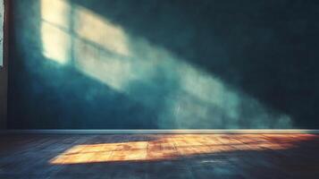 Sunlight streams through a window onto a textured wall and hardwood floor, creating a warm, inviting ambiance in an empty interior space. photo