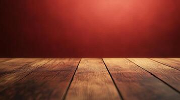 Elegantly aged planks on a rustic wooden surface set against a faded red backdrop, exuding warmth and timeless charm. photo