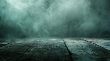 Eerie fog blankets a weathered wooden floor, creating a mysterious and atmospheric scene. Dark backdrop enhances the sense of intrigue. photo