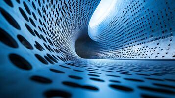Abstract perforated metal tunnel with a light source at the end, creating a futuristic and visually striking architectural scene. photo