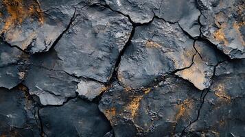 A mosaic of dark, fractured rocks with golden seams weaves an abstract pattern. Textural details and subtle contrasts add to the visual depth. photo