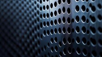 Metal screen with geometric pattern of perforated holes. Abstract background featuring repeating circular shapes in orderly rows. photo