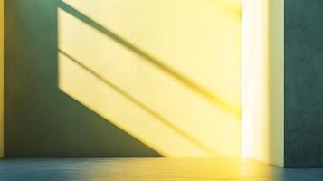 Sunlight streams into a minimalist space, casting shadows across a textured yellow wall and illuminating the smooth floor. Empty room, clean lines. photo