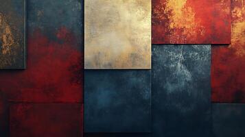 Abstract composition of textured squares in blue, red, and gold tones creating a visually appealing geometric arrangement. photo
