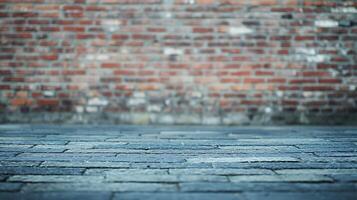 Empty aged red brick wall backdrop with bluestone floor in front, ideal for photography, product showcase, or visual presentations. photo