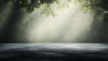 An atmospheric backdrop with soft, diffused sunlight filtering through foliage, casting a serene and ethereal glow across the textured surface. photo