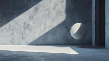 Monochromatic scene featuring a concrete sphere illuminated by a diagonal sunbeam on a stark concrete surface and wall. photo