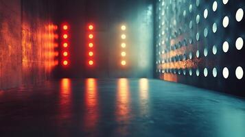 A dimly lit corridor with illuminated lights in rows on one side, while the other side is designed with holes creating a modern pattern. photo