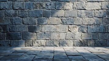 Stone wall with flooring of the same material. The tones vary from light to dark, creating a gradient. Shadow and light interplay subtly. photo
